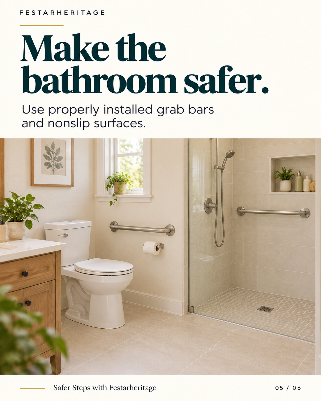 Make the bathroom safer: A clean, accessible bathroom featuring sturdy wall-mounted grab bars and slip-resistant floor tiling.