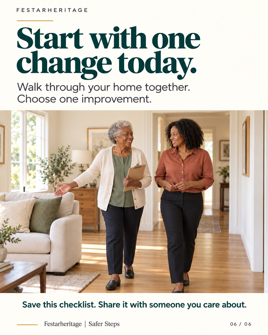 Start with one change today: Older adult holding a home safety walkthrough checklist alongside a family member, with action prompt.